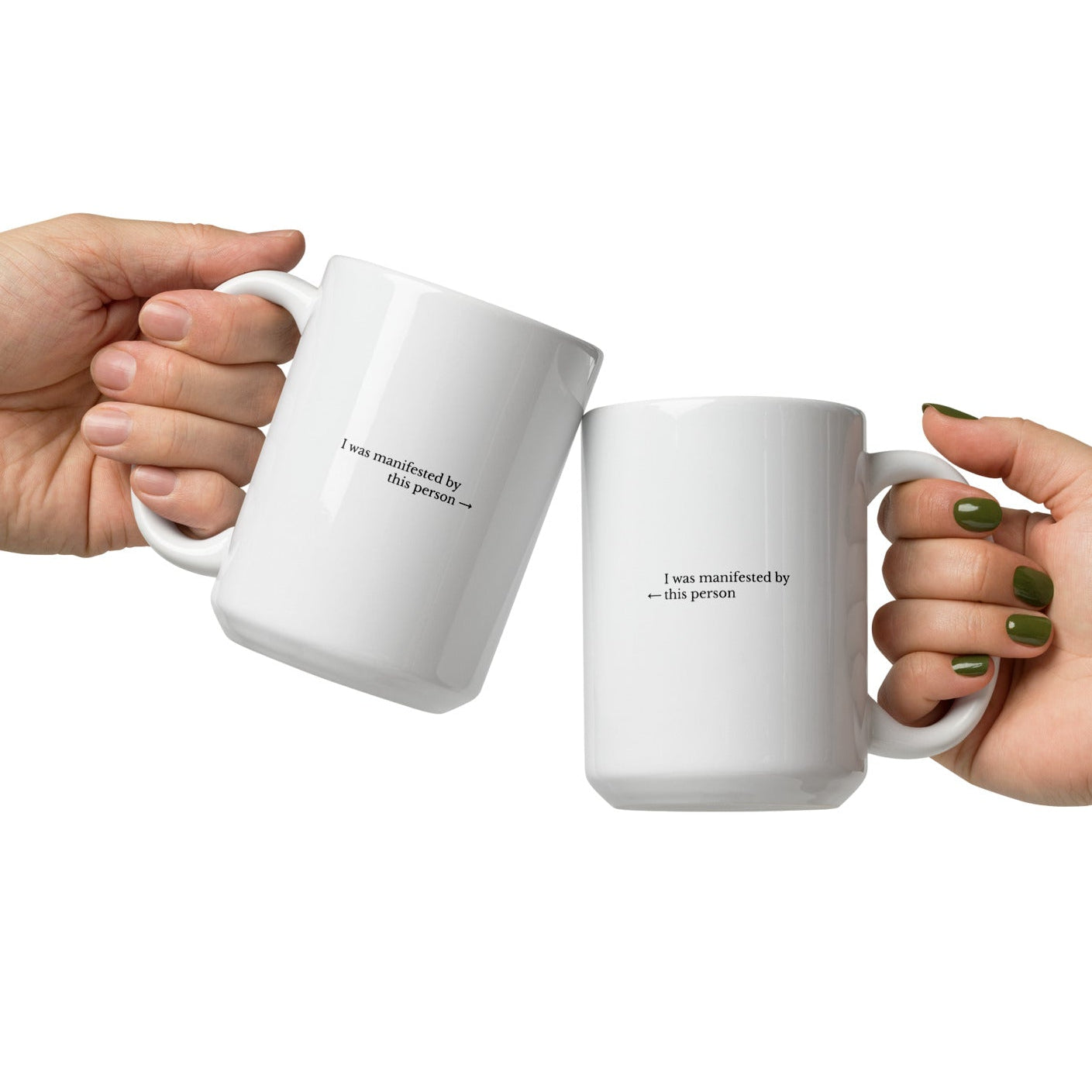 Two white mugs held by hands with text on a white background